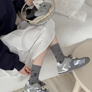 Korean style cute cat star embroidered cotton crew socks soft grey breathable women's