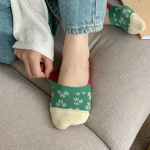 Korean style color-block floral boat socks, summer thin low-cut invisible short socks