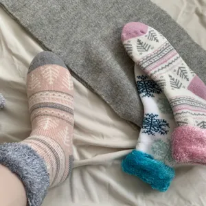 Cozy winter fleece lined thermal socks with Nordic Fair Isle pattern and fluffy fuzzy cuffs.