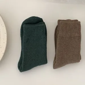 Détail de chaussettes d'hiver éponge épaissies avec texture tricotée douce vert foncé et marron.