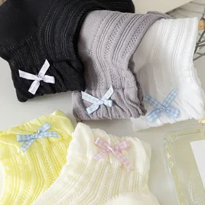 Women mesh short socks with cute plaid ribbon bows, breathable spring summer hosiery.