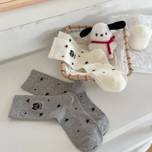 Cotton crew socks featuring cute cat and star embroidery, breathable and comfortable everyday wear.