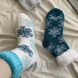 Faux fur lined winter thermal mid-calf socks featuring classic snowflake knit pattern detail view