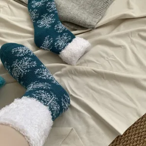 Cozy winter thermal knit socks with fleece lining and cute snowflake patterns for cold weather.