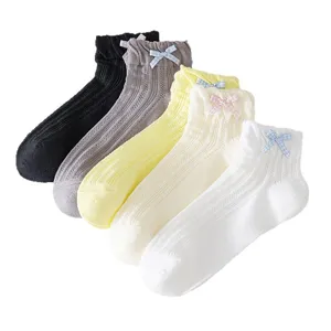 Cute Japanese style mesh short socks for women, spring summer thin socks with sweet plaid bows.