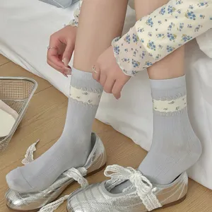 Women's cute floral stacking socks Korean style summer thin breathable casual mid-tube socks