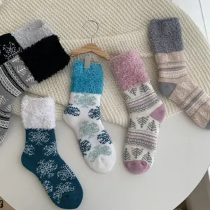 Cozy fuzzy winter thermal plush socks with Fair Isle snowflake pattern for women daily