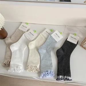 Women's ribbed mid-calf socks with delicate lace ruffles, vintage sweet style, 5 colors available.