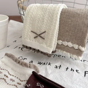 Women mid tube cable knit socks with cute bow aesthetic cozy cotton hosiery daily wear