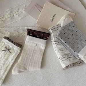 Women cute mid tube socks bow heart embroidery knit slouch socks comfortable casual daily wear
