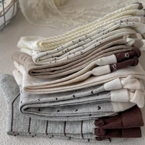 Women mid-calf socks stacked set, knit ribbed cotton with cute heart embroidery and stripes.
