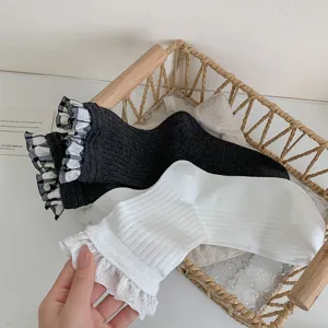 Women lace ruffle mid-calf socks Japanese Lolita cute vintage ribbed hosiery spring summer