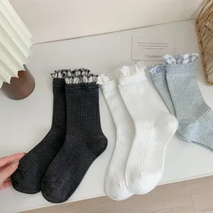 Women vintage ruffle mid-calf socks sweet Japanese style knit casual daily hosiery