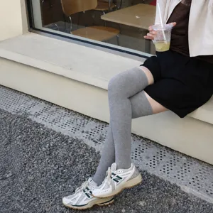 Solid grey over-the-knee socks for women, soft elastic high-cotton casual daily wear.