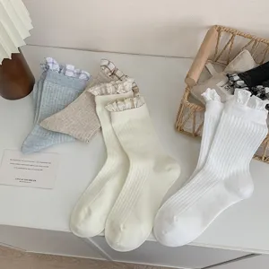Close-up detail of vintage ruffle mid-tube socks with delicate lace trim and soft knit texture.