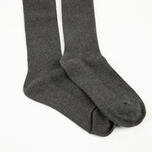Detailed view of dark gray ribbed knee-high socks, featuring fine knit texture and stretch fit.
