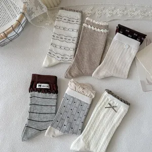 Detailed view of Japanese vintage style women crew socks with cute lace and bow details.
