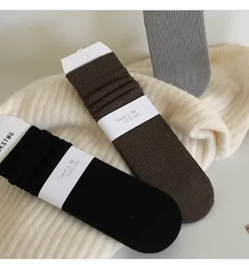 Autumn winter women slouch socks solid color vertical stripes Japanese cotton mid tube socks