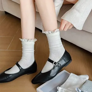 Women spring summer Japanese lolita style white lace ruffled mid-calf socks casual daily wear