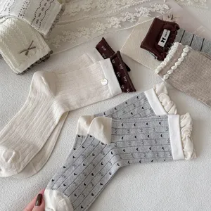 Women cute mid tube socks sweet lace bow embroidered casual socks anti pilling soft knit hosiery