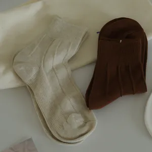 Women casual solid vertical stripe mid-tube socks autumn winter cozy knit socks pair