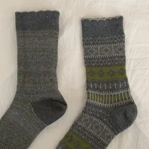 Vue détaillée des chaussettes mi-mollet en laine rétro aux motifs ethniques et texturés.