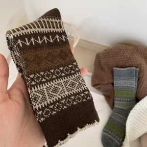 Vue détaillée de chaussettes slouch en laine rétro tricotées avec motifs ethniques dentelle.