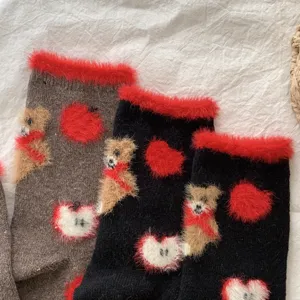 Cute fuzzy Christmas socks with cartoon bear and apple patterns for women winter wear