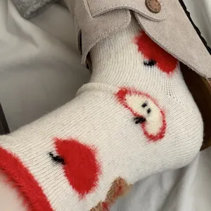 Red apple fuzzy winter socks for women warm cozy cute casual mid tube cotton socks