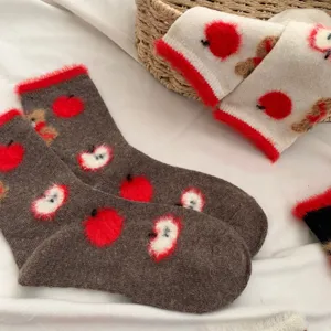 Flocked apple and bear plush socks for women, cozy winter thermal crew socks, warm cute hosiery.