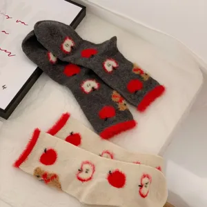 Women's Winter Christmas Flocked Apple Bear Pattern Crew Socks Cute New Year Casual Long Stockings Cotton Socks