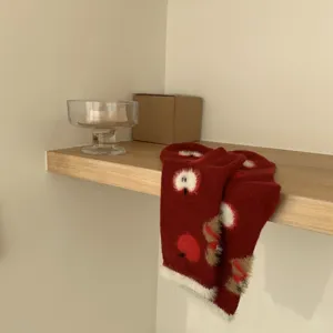 Red fuzzy christmas socks for women, cute winter warm mid-calf socks with bear and apple pattern.