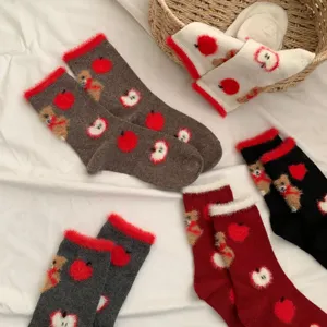 Cozy fuzzy winter socks with cute teddy bear and apple pattern, soft fleece warm socks for women.