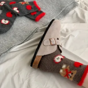 Cozy brown plush bear apple pattern crew socks paired with classic casual clogs footwear.