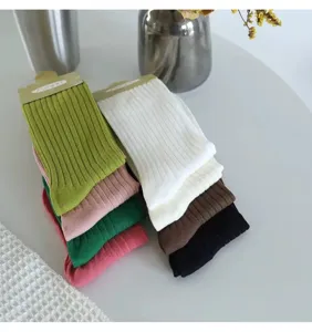 Women spring summer ribbed crew socks, comfortable breathable multi-color casual solid socks detail