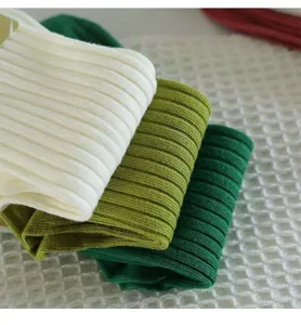 Detailed shot of soft ribbed mid-tube socks in versatile cream and green tones, cozy texture.