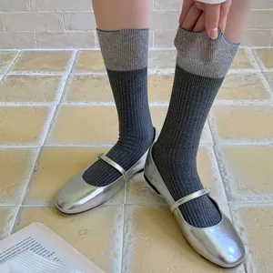 Comfortable fold-over contrast color ribbed slouch socks for women, winter cotton knit.