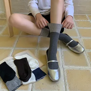 Women color block stack socks ribbed mid-calf foldover casual cotton winter hosiery