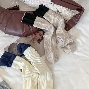 Women winter cotton slouch socks cream contrast color ribbed foldable mid-calf fashion cozy