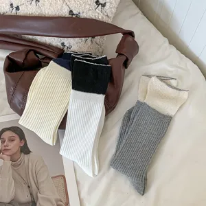 Women cotton contrast color ribbed slouch socks winter casual foldable mid-calf socks