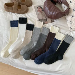 Women winter cotton stacked socks ribbed contrast color fold over crew socks cream knit