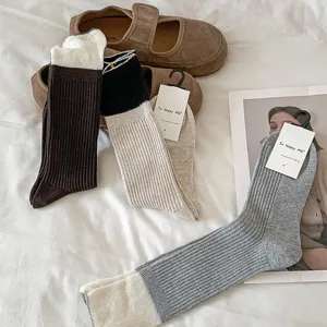 Winter cotton contrast color ribbed slouch socks for women, retro cozy mid-calf crew socks
