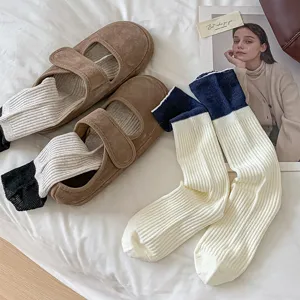 Women Winter Cotton Contrast Color Slouch Socks Foldable Ribbed Mid Calf Casual Socks