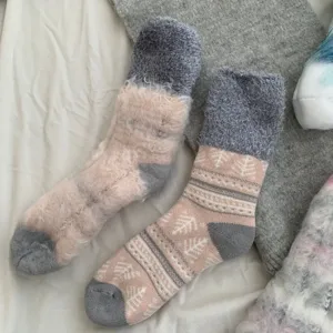 Thick fuzzy women winter warm socks, cute fair isle pattern, cozy mid tube design for cold days.