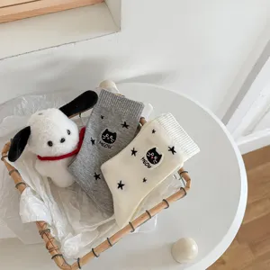Cute cat embroidered mid-tube cotton socks featuring sweet star patterns, soft and breathable.