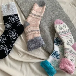 Women winter fuzzy thick warm snow socks with classic fair isle snowflake pattern design