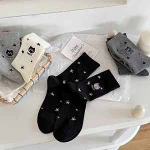 Cute cat embroidery mid-calf socks with star details, breathable combed cotton, cozy daily wear.