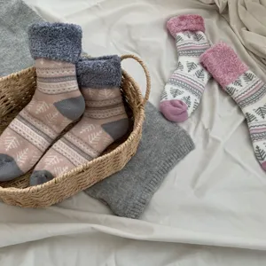Cozy winter thick fuzzy mid-tube socks with Fair Isle pattern, warm snow plush lining.