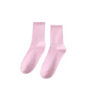 Candy color pink ribbed mid tube socks for women and men, comfortable spring summer daily wear.