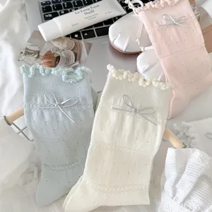 Calzini donna estivi sottili design fiocco pizzo cotone traspirante calzini metà tubo dettaglio